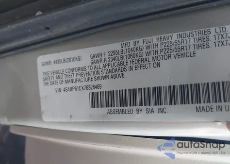 2007 Subaru Outback 2.5I из США, поврежденный, VIN 4S4BP61CX76326469